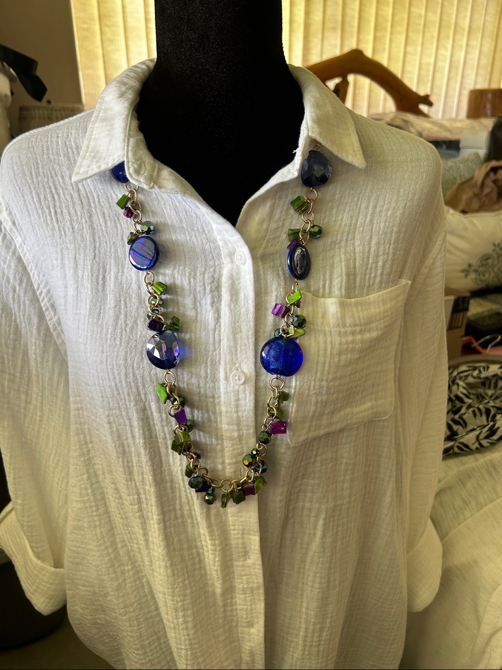 Blue Glass & Green Accent gold Long Necklace